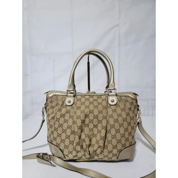 GUCCI Monogram Medium Sukey Satchel Bag Golden Beige